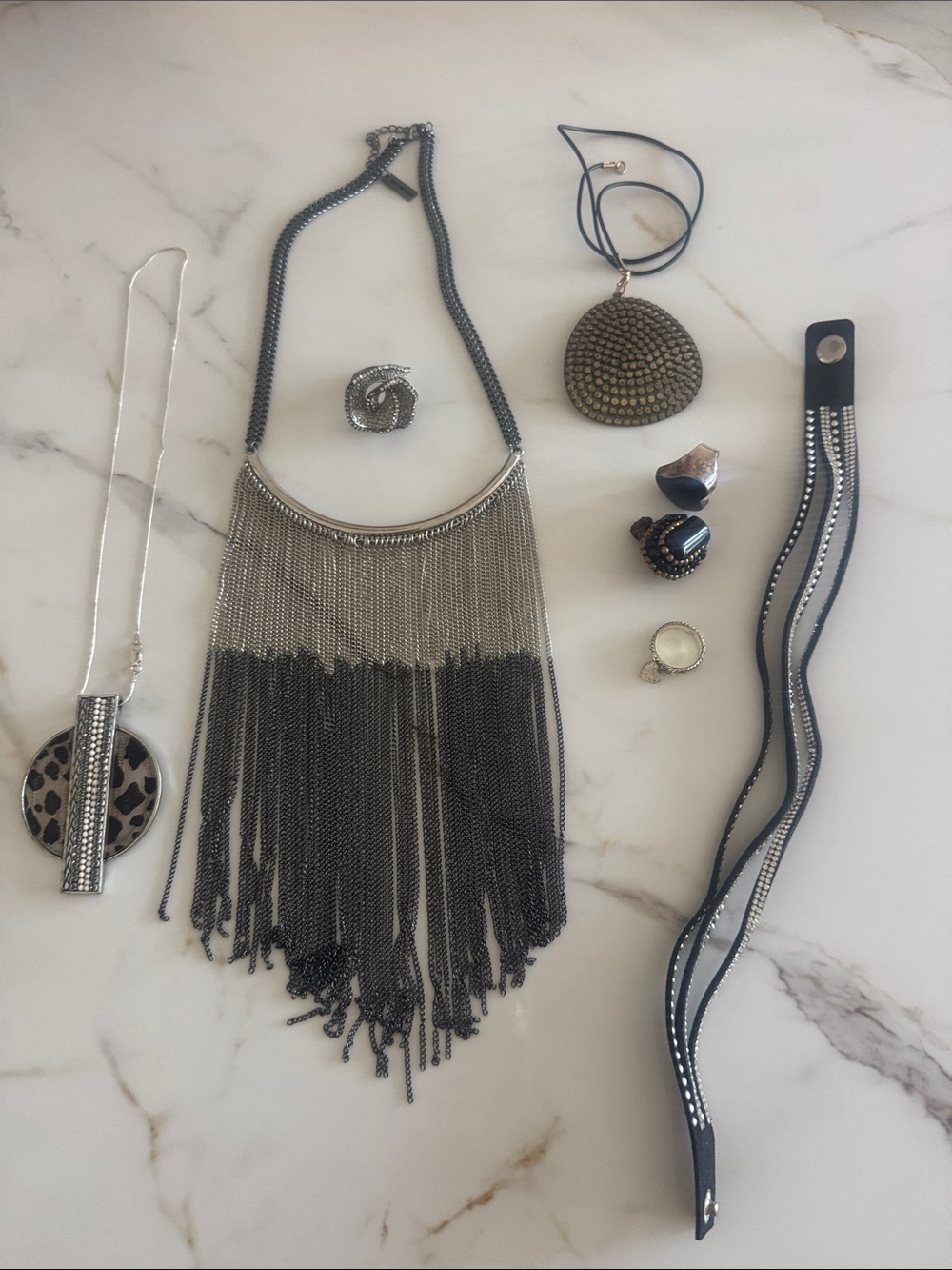 Steve Madden Silver and Gunmetal  Necklace bundle 4 rings 1 bracelet